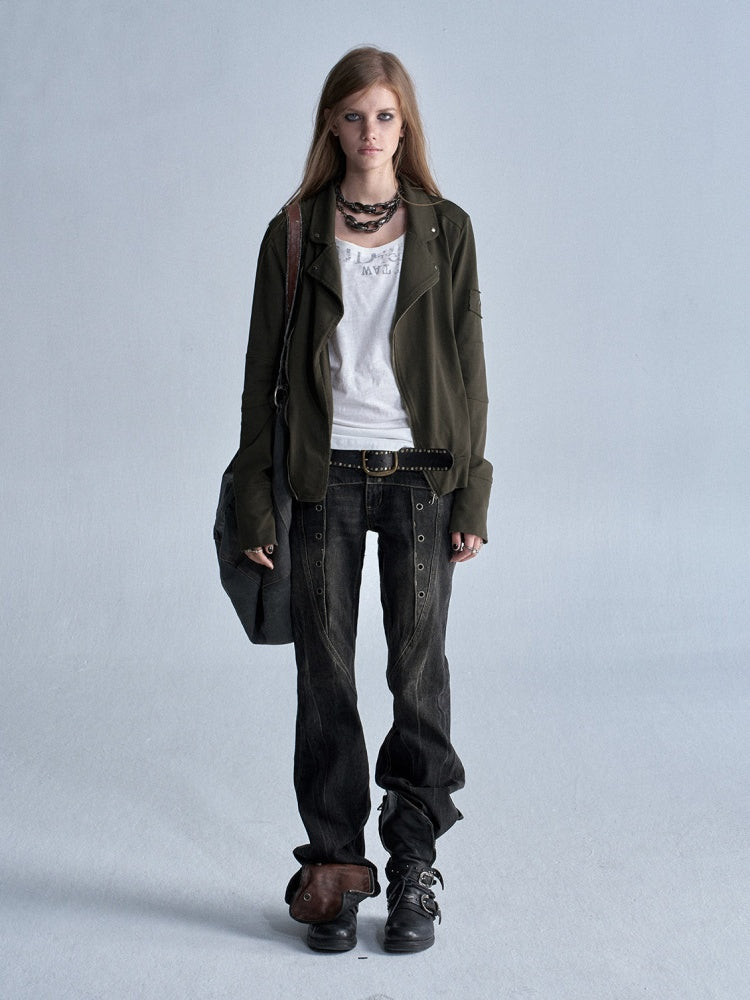 Diagonal Lapel Split Stud Cuff Zipper Washed Punk Knit Thin Jacket【s0000018036】