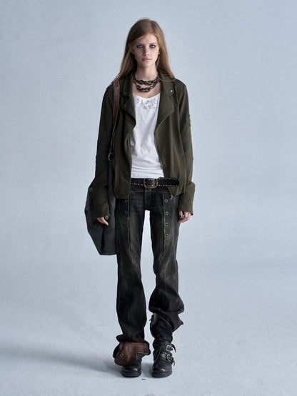 Diagonal Lapel Split Stud Cuff Zipper Washed Punk Knit Thin Jacket【s0000018036】