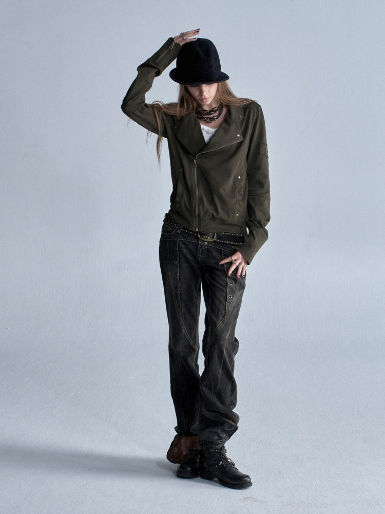 Diagonal Lapel Split Stud Cuff Zipper Washed Punk Knit Thin Jacket【s0000018036】