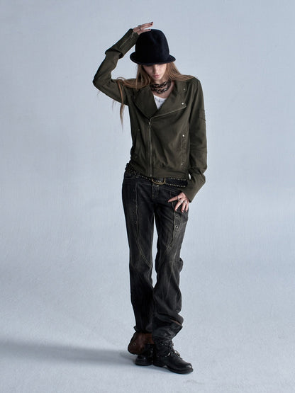 Diagonal Lapel Split Stud Cuff Zipper Washed Punk Knit Thin Jacket【s0000018036】