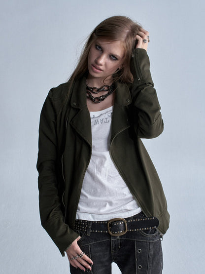 Diagonal Lapel Split Stud Cuff Zipper Washed Punk Knit Thin Jacket【s0000018036】