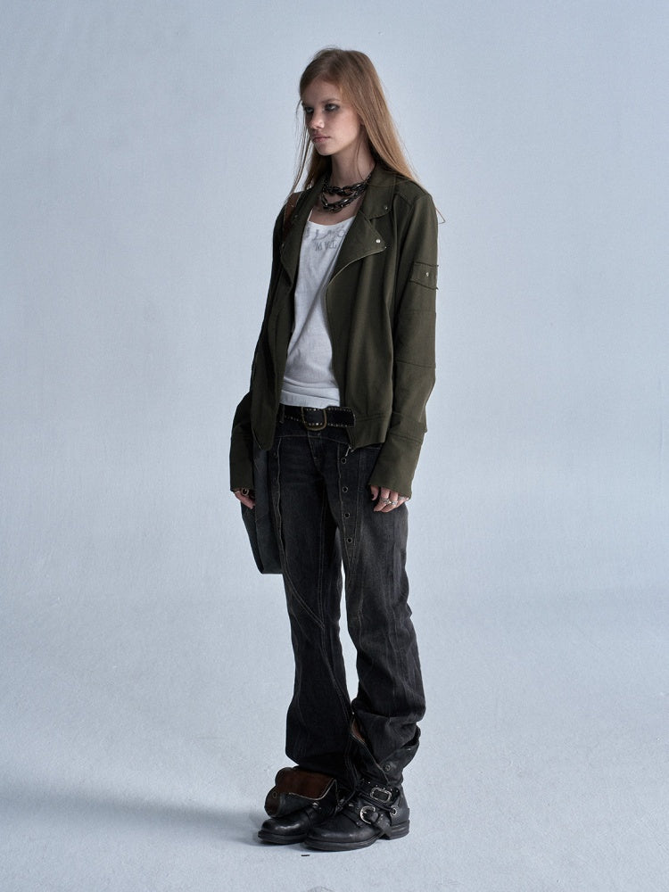 Diagonal Lapel Split Stud Cuff Zipper Washed Punk Knit Thin Jacket【s0000018036】