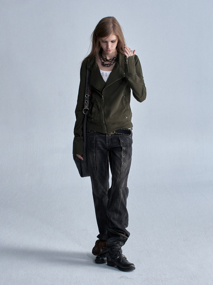 Diagonal Lapel Split Stud Cuff Zipper Washed Punk Knit Thin Jacket【s0000018036】