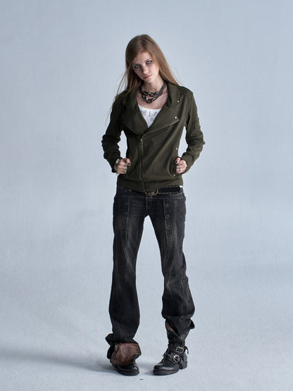 Diagonal Lapel Split Stud Cuff Zipper Washed Punk Knit Thin Jacket【s0000018036】