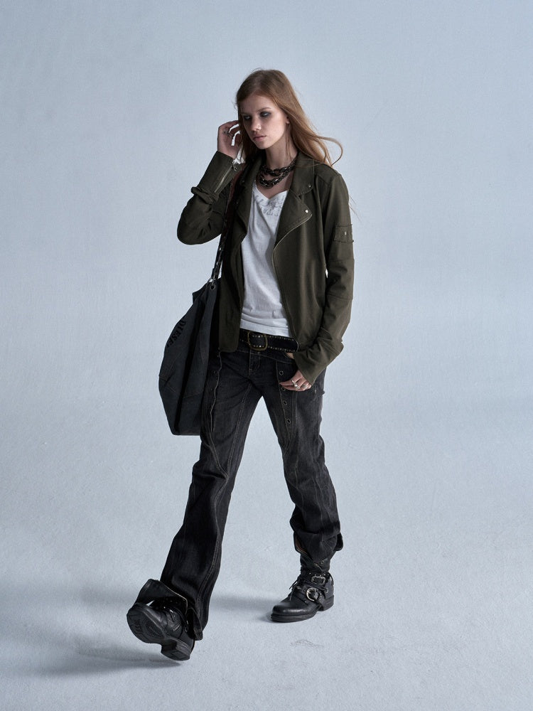 Diagonal Lapel Split Stud Cuff Zipper Washed Punk Knit Thin Jacket【s0000018036】