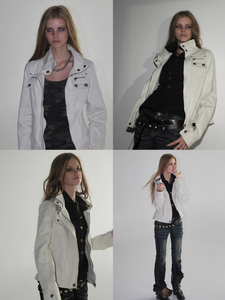 Stand Collar Multi-Pocket Slim Yeast Washed Vintage Short Zip-Up Jacket【s0000018037】