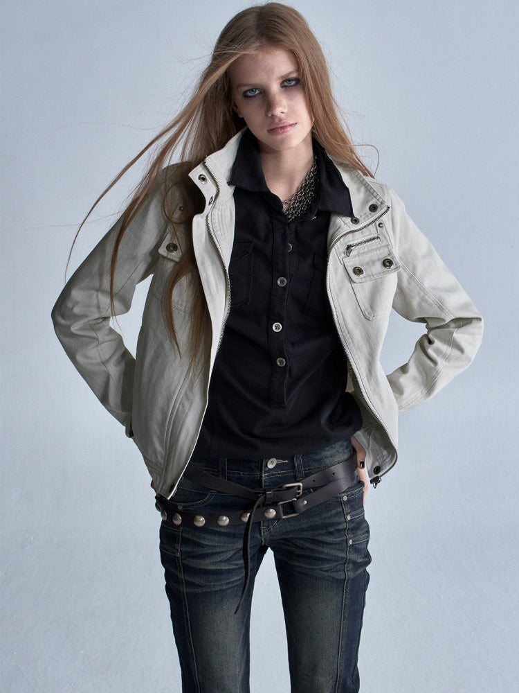 Stand Collar Multi-Pocket Slim Yeast Washed Vintage Short Zip-Up Jacket【s0000018037】