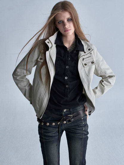 Stand Collar Multi-Pocket Slim Yeast Washed Vintage Short Zip-Up Jacket【s0000018037】