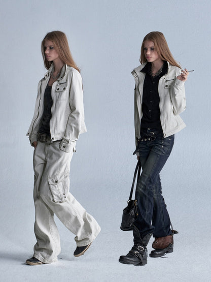 Stand Collar Multi-Pocket Slim Yeast Washed Vintage Short Zip-Up Jacket【s0000018037】
