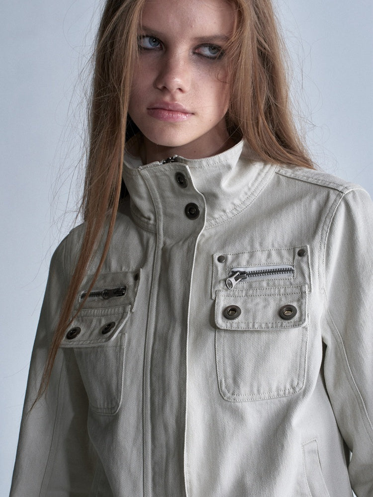 Stand Collar Multi-Pocket Slim Yeast Washed Vintage Short Zip-Up Jacket【s0000018037】