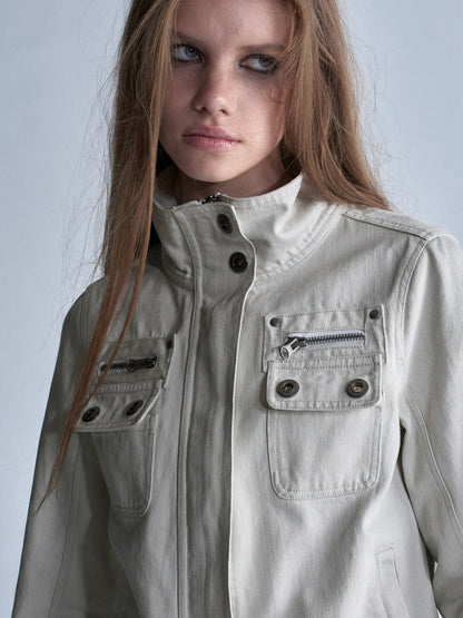 Stand Collar Multi-Pocket Slim Yeast Washed Vintage Short Zip-Up Jacket【s0000018037】