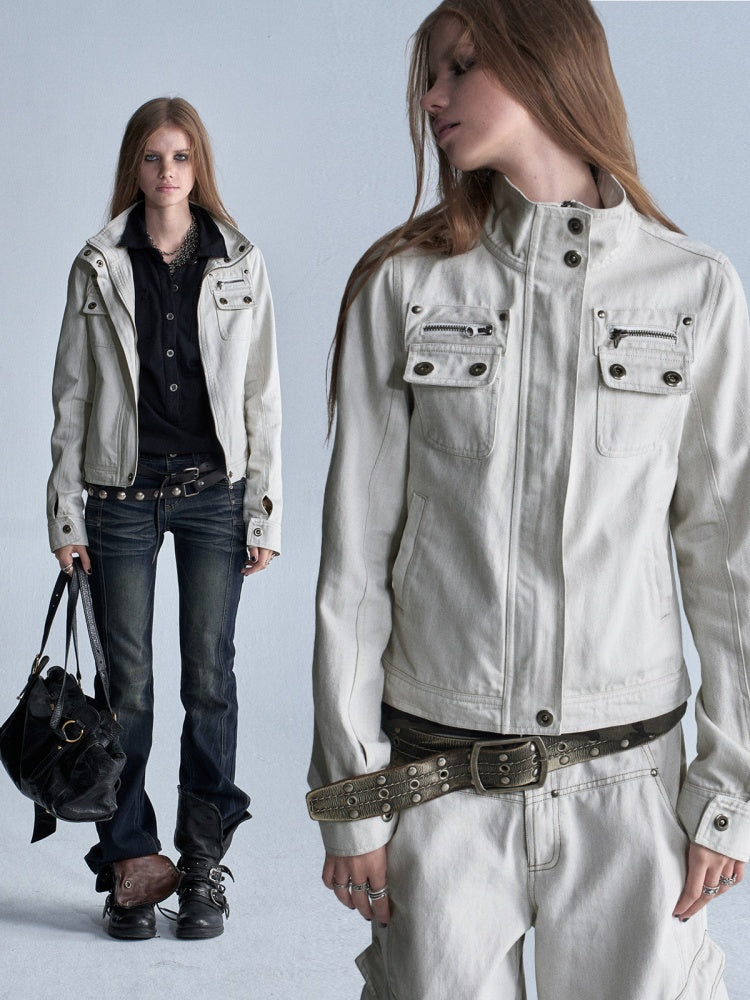 Stand Collar Multi-Pocket Slim Yeast Washed Vintage Short Zip-Up Jacket【s0000018037】
