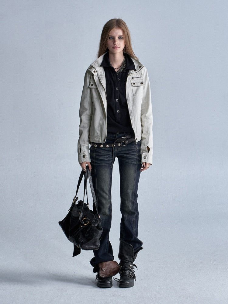 Stand Collar Multi-Pocket Slim Yeast Washed Vintage Short Zip-Up Jacket【s0000018037】