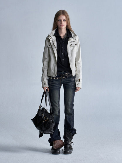 Stand Collar Multi-Pocket Slim Yeast Washed Vintage Short Zip-Up Jacket【s0000018037】
