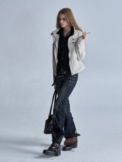 Stand Collar Multi-Pocket Slim Yeast Washed Vintage Short Zip-Up Jacket【s0000018037】