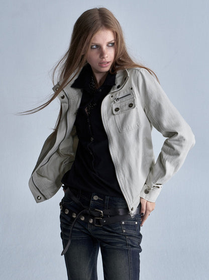 Stand Collar Multi-Pocket Slim Yeast Washed Vintage Short Zip-Up Jacket【s0000018037】