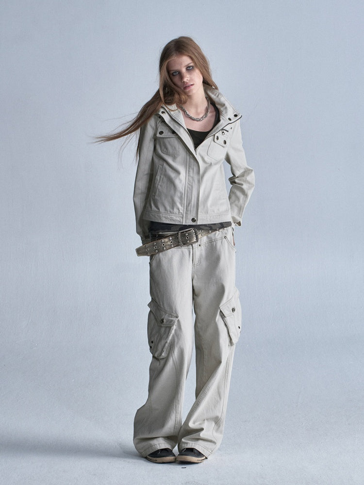 Stand Collar Multi-Pocket Slim Yeast Washed Vintage Short Zip-Up Jacket【s0000018037】