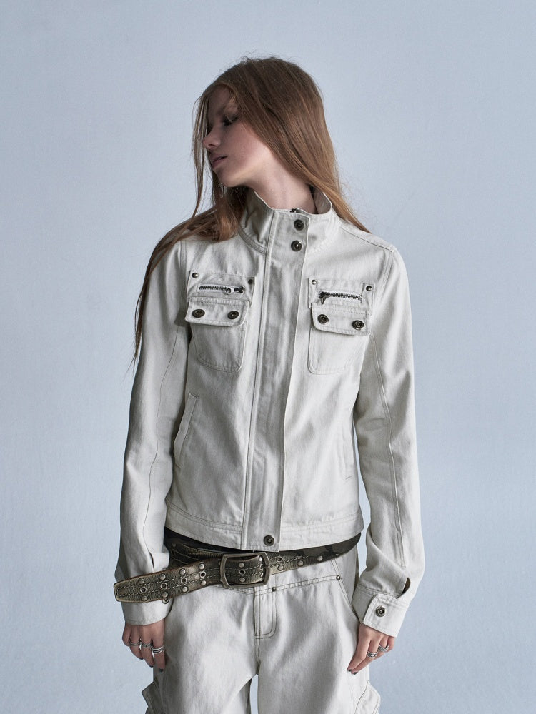 Stand Collar Multi-Pocket Slim Yeast Washed Vintage Short Zip-Up Jacket【s0000018037】