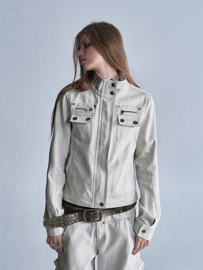 Stand Collar Multi-Pocket Slim Yeast Washed Vintage Short Zip-Up Jacket【s0000018037】