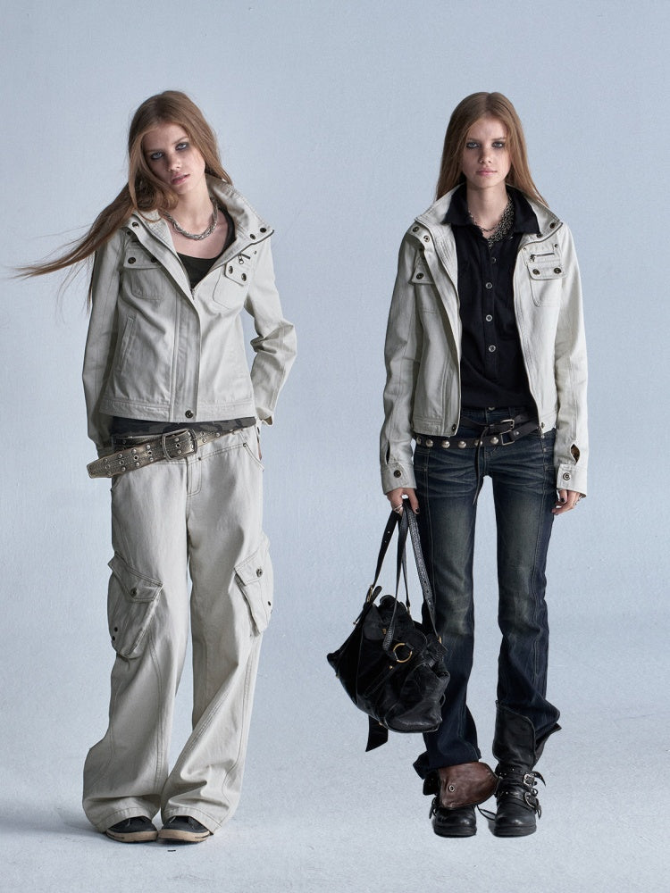 Stand Collar Multi-Pocket Slim Yeast Washed Vintage Short Zip-Up Jacket【s0000018037】