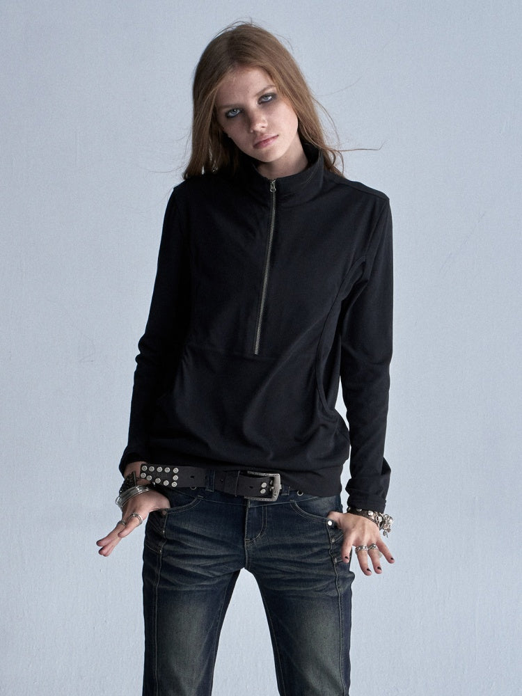 Faux Two-Piece Double-Layer Collar Shiny Silver Print Stand-Collar Zipper Punk long-Sleeve T-Shirt【s0000018038】