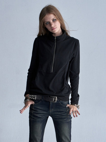 Faux Two-Piece Double-Layer Collar Shiny Silver Print Stand-Collar Zipper Punk long-Sleeve T-Shirt【s0000018038】