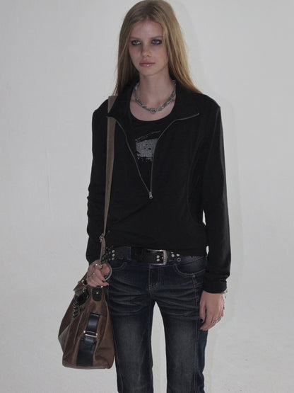 Faux Two-Piece Double-Layer Collar Shiny Silver Print Stand-Collar Zipper Punk long-Sleeve T-Shirt【s0000018038】