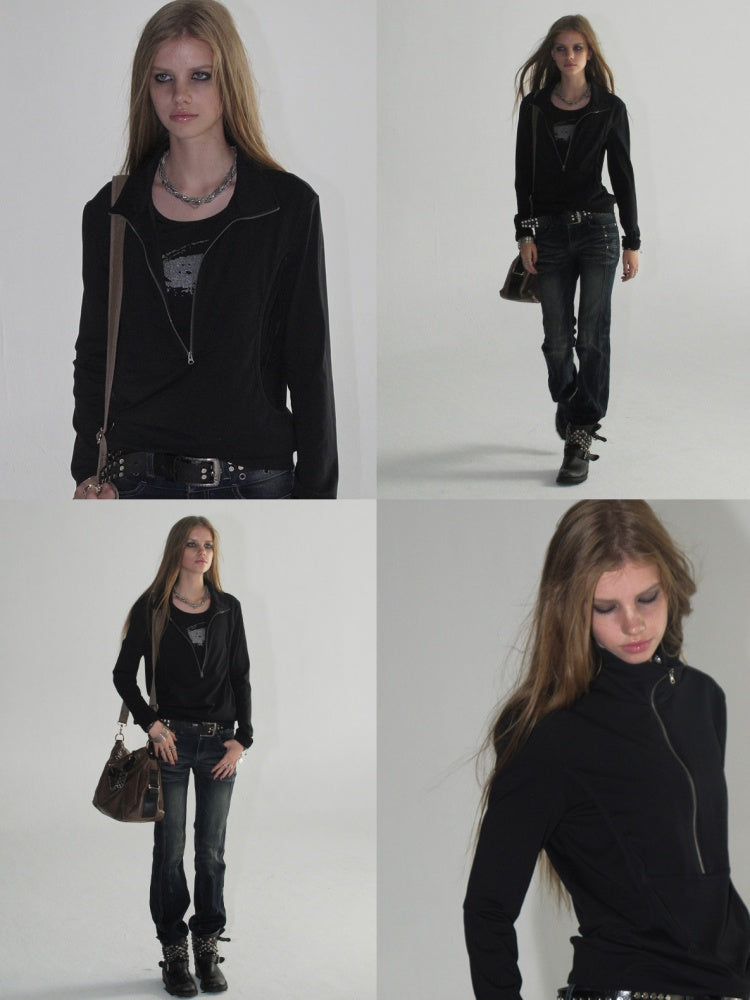 Faux Two-Piece Double-Layer Collar Shiny Silver Print Stand-Collar Zipper Punk long-Sleeve T-Shirt【s0000018038】