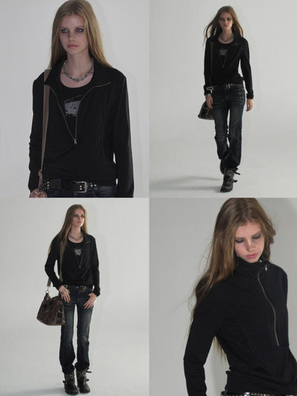 Faux Two-Piece Double-Layer Collar Shiny Silver Print Stand-Collar Zipper Punk long-Sleeve T-Shirt【s0000018038】