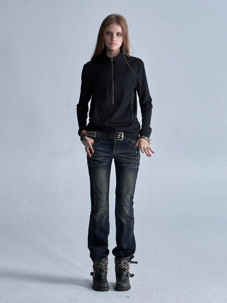 Faux Two-Piece Double-Layer Collar Shiny Silver Print Stand-Collar Zipper Punk long-Sleeve T-Shirt【s0000018038】