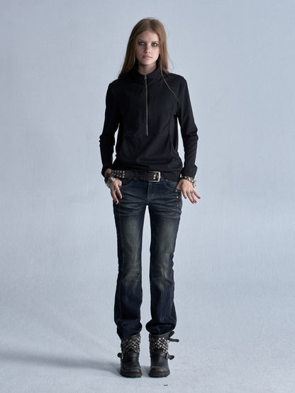 Faux Two-Piece Double-Layer Collar Shiny Silver Print Stand-Collar Zipper Punk long-Sleeve T-Shirt【s0000018038】