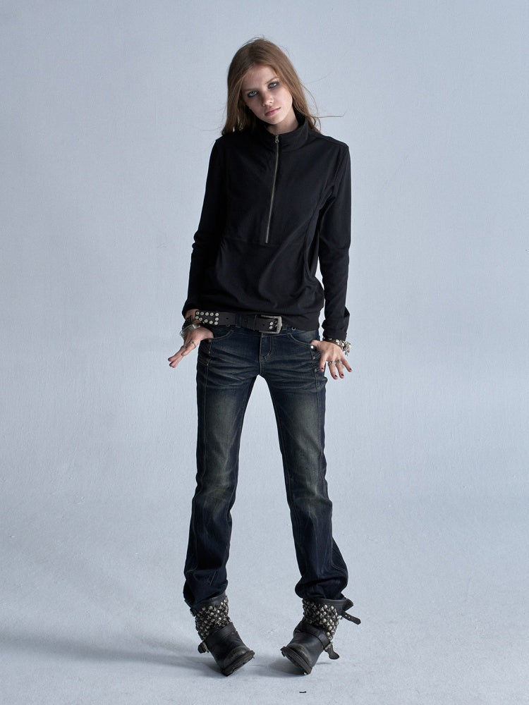 Faux Two-Piece Double-Layer Collar Shiny Silver Print Stand-Collar Zipper Punk long-Sleeve T-Shirt【s0000018038】