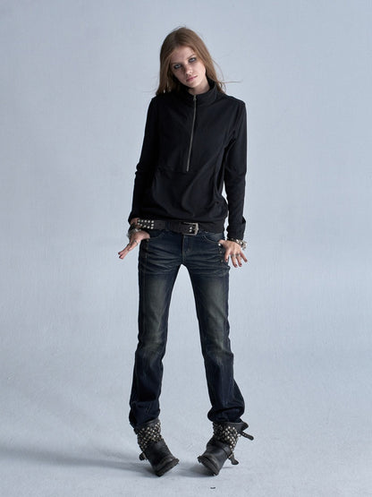 Faux Two-Piece Double-Layer Collar Shiny Silver Print Stand-Collar Zipper Punk long-Sleeve T-Shirt【s0000018038】