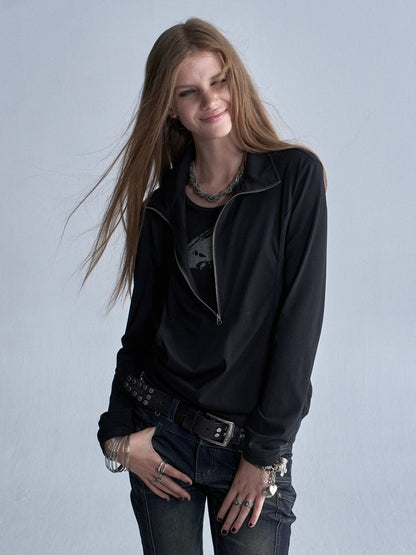 Faux Two-Piece Double-Layer Collar Shiny Silver Print Stand-Collar Zipper Punk long-Sleeve T-Shirt【s0000018038】
