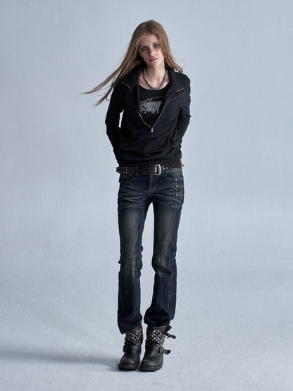 Faux Two-Piece Double-Layer Collar Shiny Silver Print Stand-Collar Zipper Punk long-Sleeve T-Shirt【s0000018038】