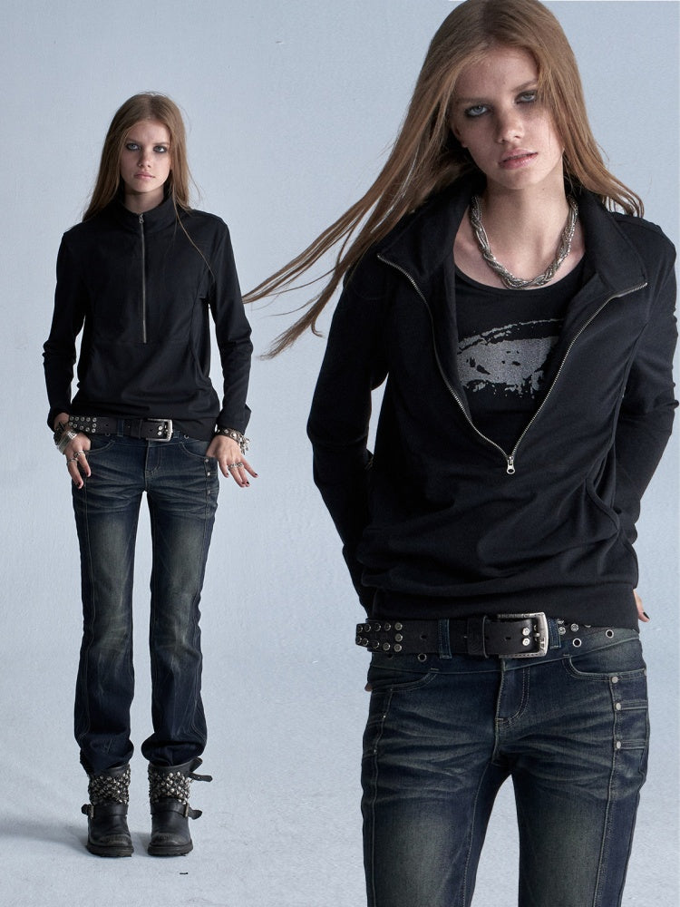 Faux Two-Piece Double-Layer Collar Shiny Silver Print Stand-Collar Zipper Punk long-Sleeve T-Shirt【s0000018038】