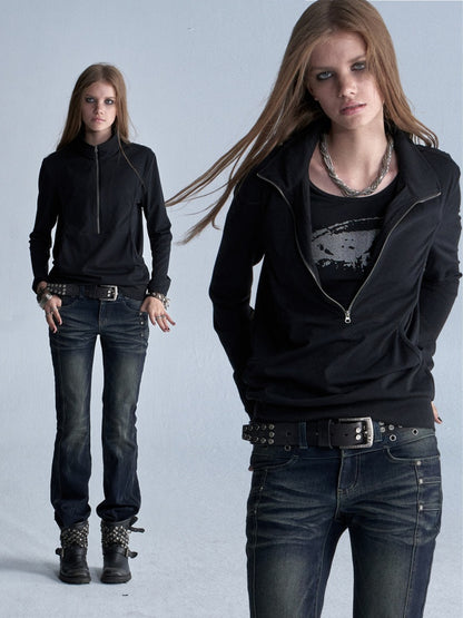 Faux Two-Piece Double-Layer Collar Shiny Silver Print Stand-Collar Zipper Punk long-Sleeve T-Shirt【s0000018038】