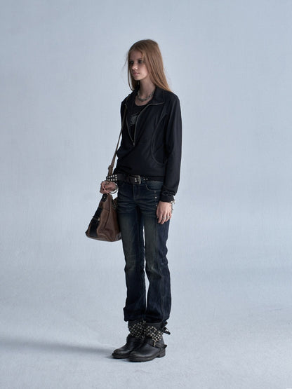 Faux Two-Piece Double-Layer Collar Shiny Silver Print Stand-Collar Zipper Punk long-Sleeve T-Shirt【s0000018038】