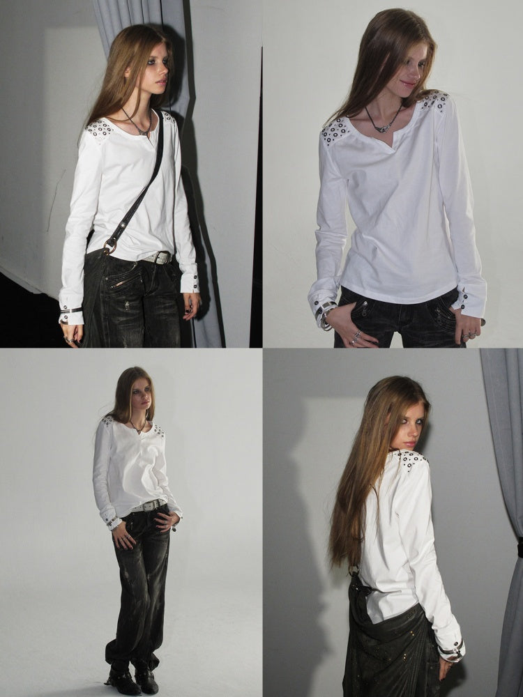 Keyhole Neck Metal Rhinestone Punk Shoulder Long-Sleeve T-Shirt【s0000018039】