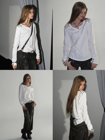 Keyhole Neck Metal Rhinestone Punk Shoulder Long-Sleeve T-Shirt【s0000018039】