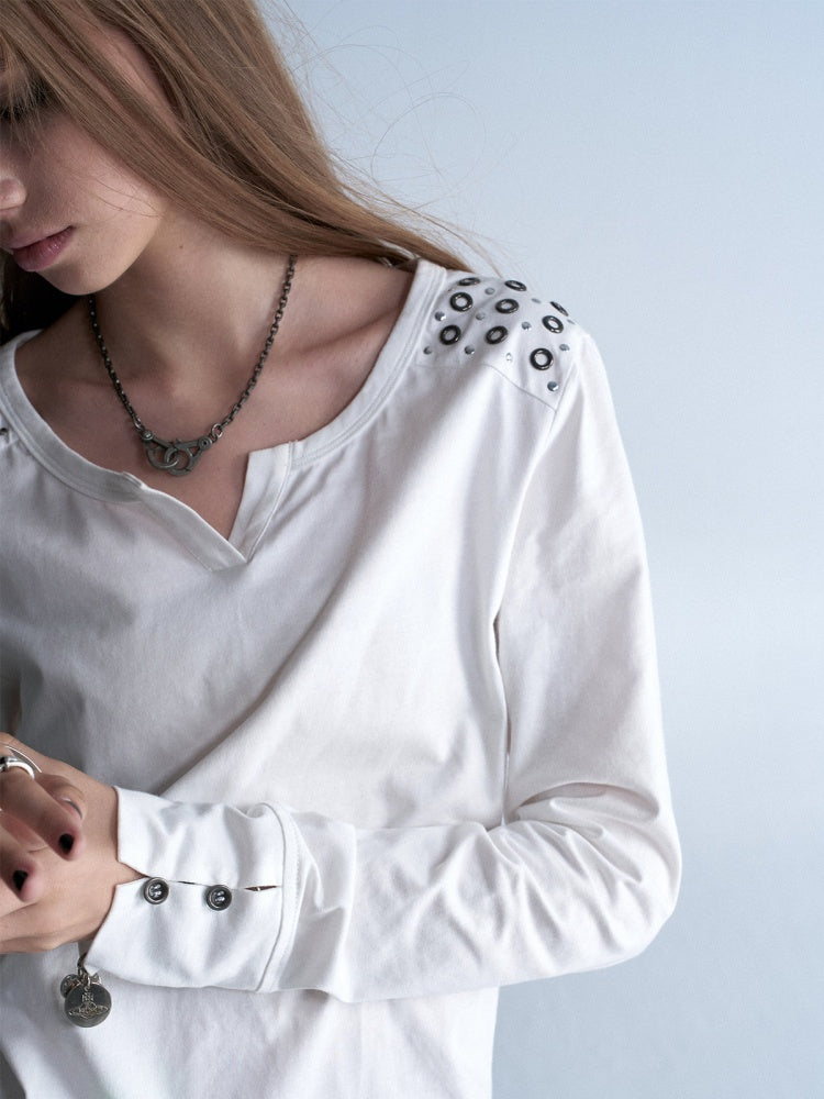 Keyhole Neck Metal Rhinestone Punk Shoulder Long-Sleeve T-Shirt【s0000018039】