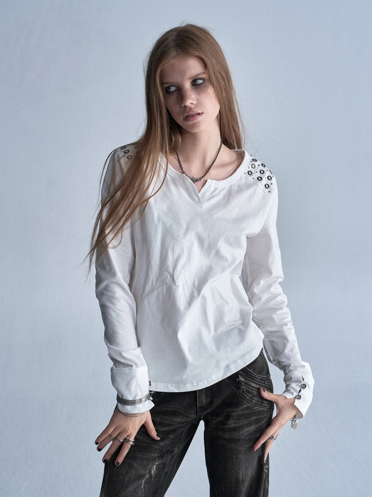 Keyhole Neck Metal Rhinestone Punk Shoulder Long-Sleeve T-Shirt【s0000018039】