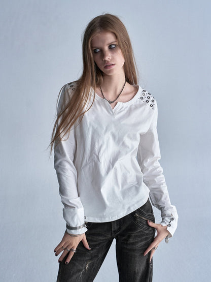 Keyhole Neck Metal Rhinestone Punk Shoulder Long-Sleeve T-Shirt【s0000018039】