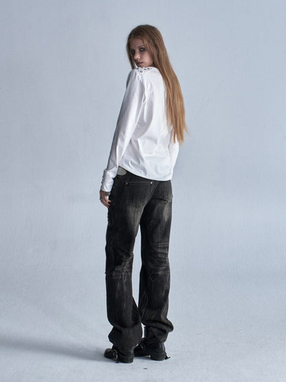 Keyhole Neck Metal Rhinestone Punk Shoulder Long-Sleeve T-Shirt【s0000018039】