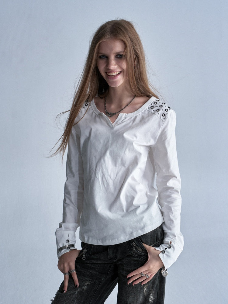 Keyhole Neck Metal Rhinestone Punk Shoulder Long-Sleeve T-Shirt【s0000018039】