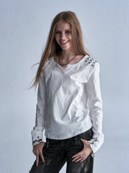 Keyhole Neck Metal Rhinestone Punk Shoulder Long-Sleeve T-Shirt【s0000018039】
