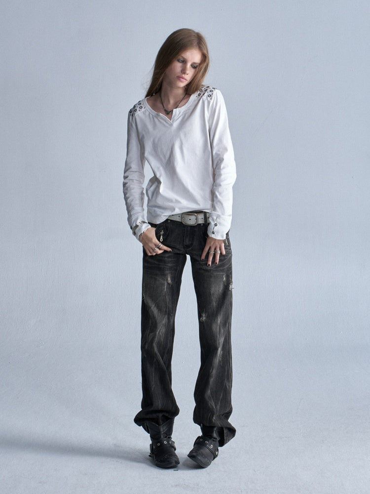 Keyhole Neck Metal Rhinestone Punk Shoulder Long-Sleeve T-Shirt【s0000018039】