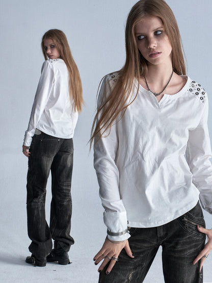 Keyhole Neck Metal Rhinestone Punk Shoulder Long-Sleeve T-Shirt【s0000018039】