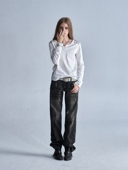 Keyhole Neck Metal Rhinestone Punk Shoulder Long-Sleeve T-Shirt【s0000018039】