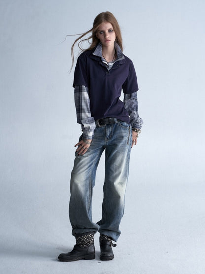 Faux Two-Piece Double-Layer Collar Vintage Plaid Patchwork Long-Sleeve Loose Washed T-Shirt【s0000018040】